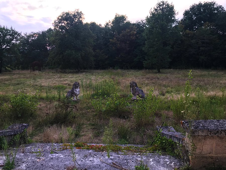 deux statues de lion en pierre vues en urbex