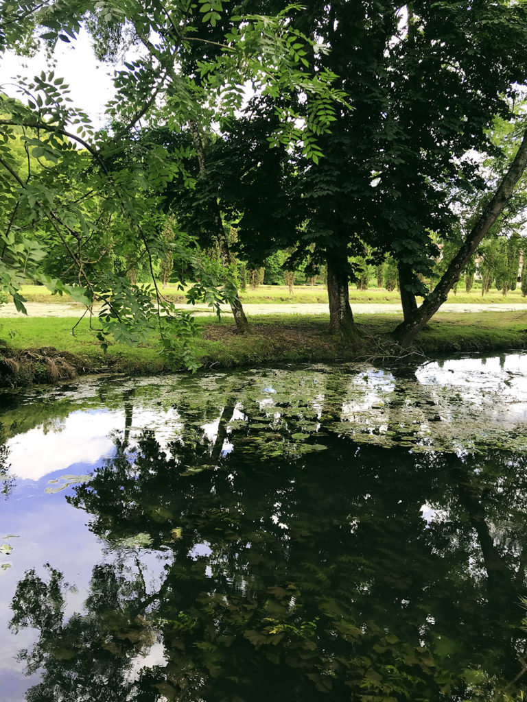 vue de l'étang dans les jardins du Logis de Forge en Charente