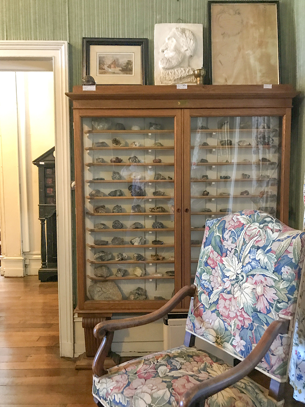 salon du premier étage et vue sur une vitrine de minéralogie, musée de la SAHC